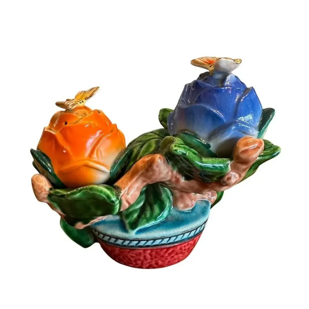 Vintage Salt And Pepper Shaker Flower Buds with Butterflies Stem Pockets RARE